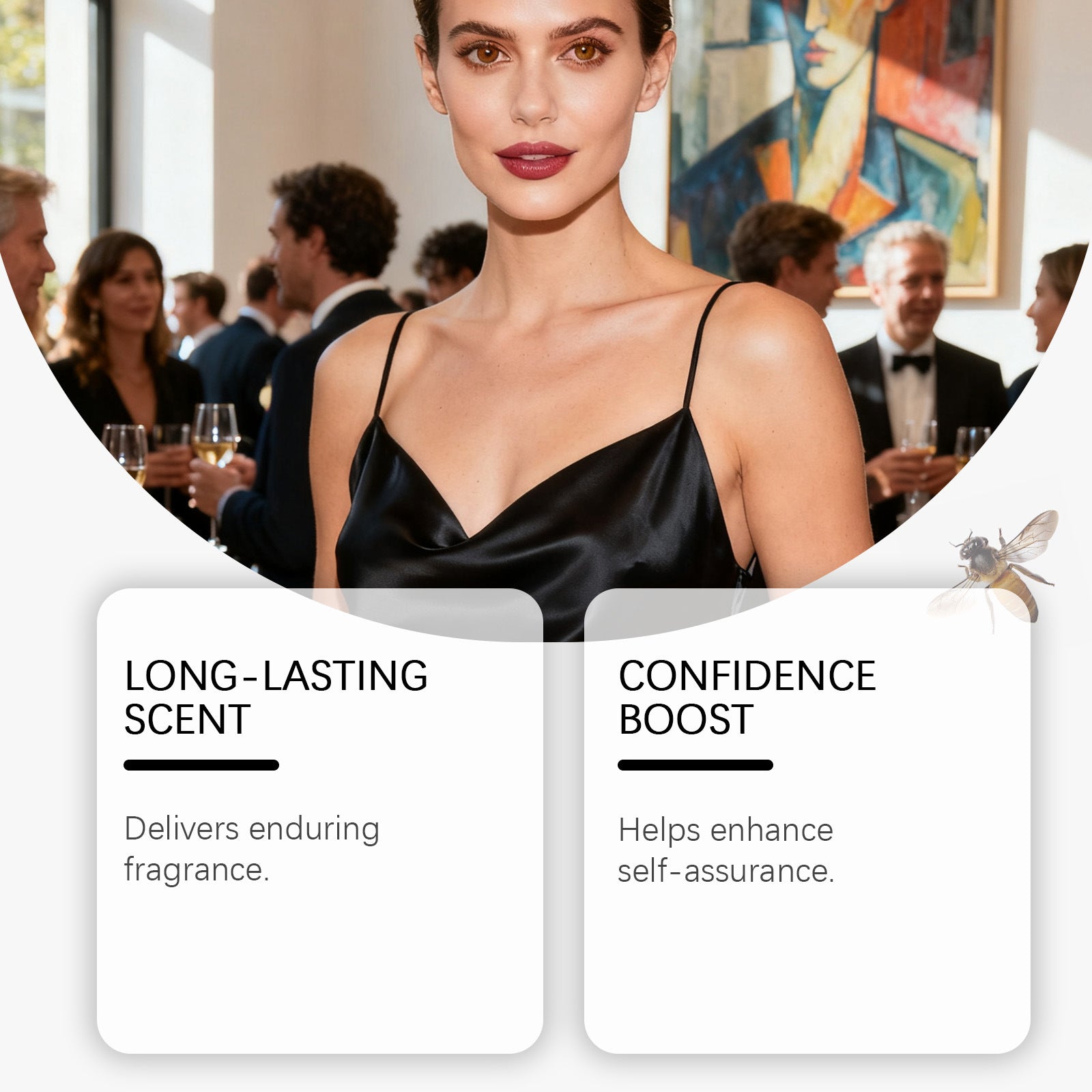 FashionRay woman in black satin dress at elegant event, confident, long-lasting scent benefits