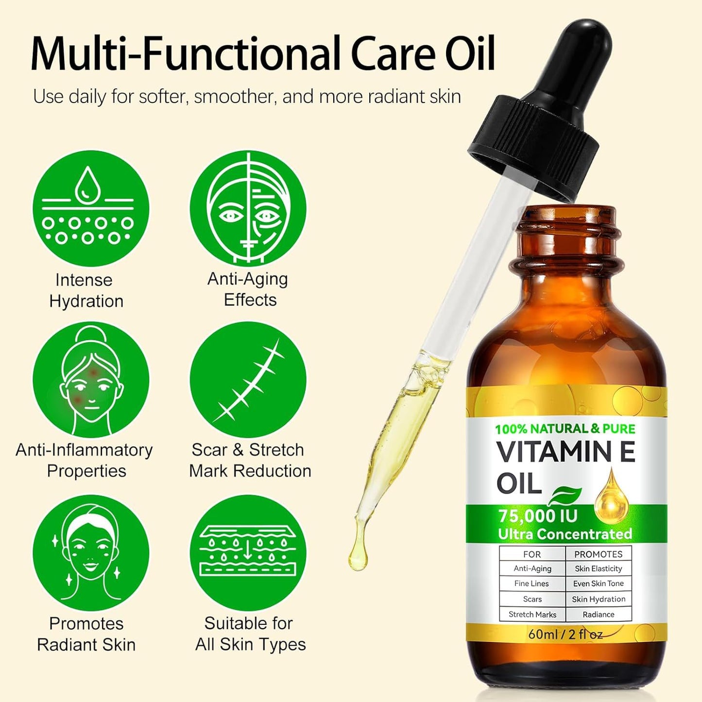 Vitamin E oil bottle with dropper, highlighting skin hydration, anti-aging, and multi-functional care