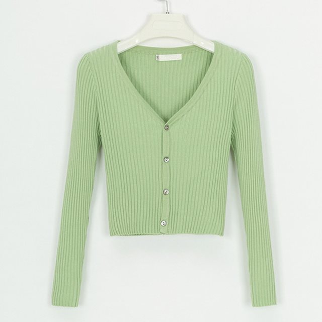 Light green ribbed knit cardigan with V-neck and button front, FashionRay trendy style