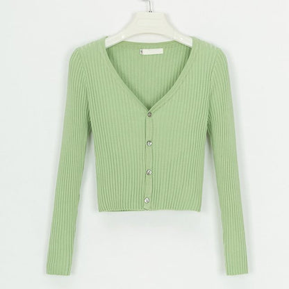 Light green ribbed knit cardigan with V-neck and button front, FashionRay trendy style