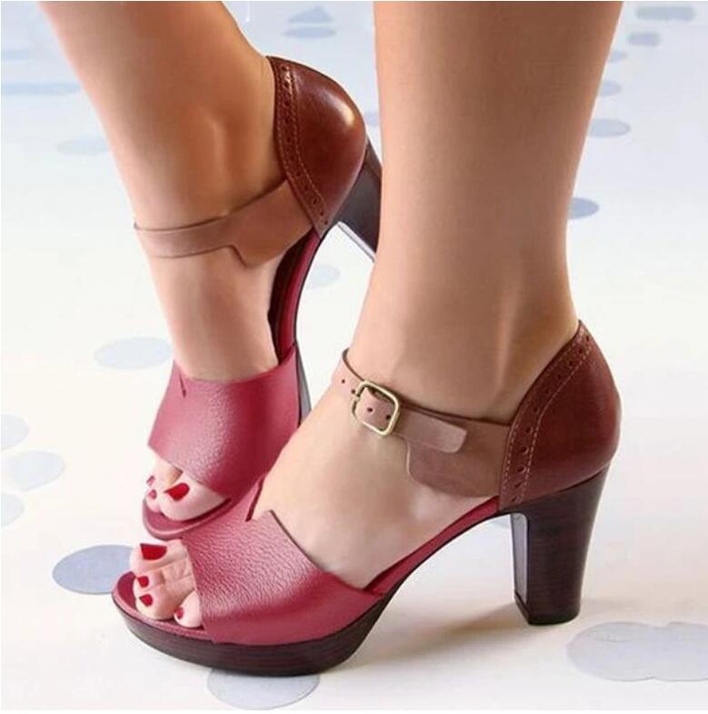 Woman wearing stylish red and brown open-toe high heel sandals, FashionRay trendy footwear