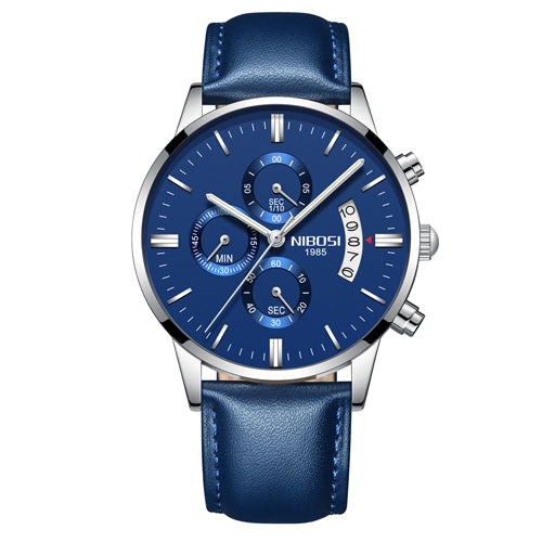 Men's NIBOSI blue chronograph watch with blue leather strap, stylish accessory at FashionRay