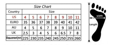 FashionRay shoe size chart showing US, EURO, AU, UK sizes and foot measurement in mm with foot diagram