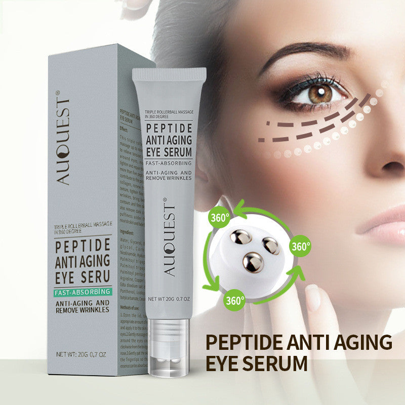 AUQUEST peptide anti-aging eye serum tube and box, close-up on woman's eye, skincare product