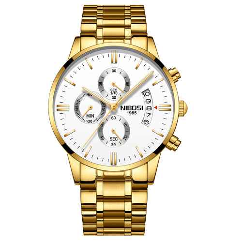 Gold stainless steel men's chronograph watch with white dial and date display, FashionRay style