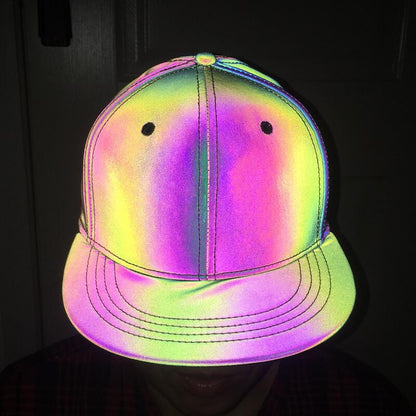 Reflective rainbow baseball cap with vibrant colors, trendy streetwear from FashionRay