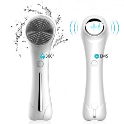 White electric facial cleansing brush and massager with water splash, 360-degree and EMS features, FashionRay beauty gadget.