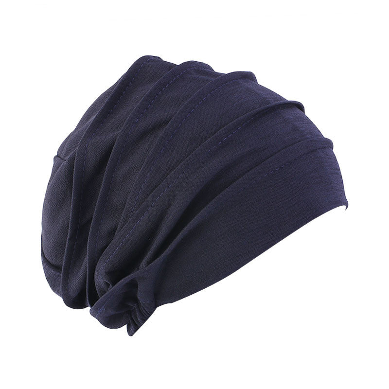 Navy blue cotton turban hat with layered pleats, comfortable headwear by FashionRay