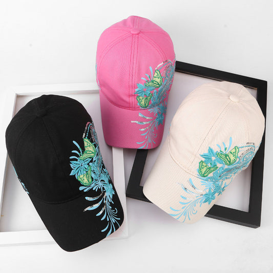 FashionRay embroidered caps in black, pink, and beige with floral butterfly designs