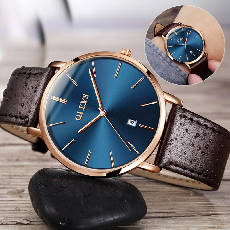 Men’s luxury watch with blue dial, brown leather strap, and gold accents, FashionRay style