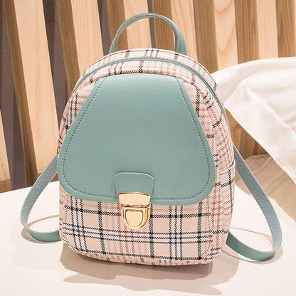 Trendy plaid mini backpack with mint green flap and gold clasp, FashionRay accessory