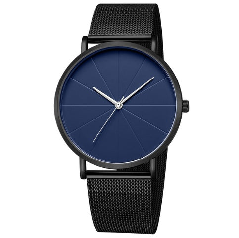 Minimalist black mesh watch with a blue face, modern accessory from FashionRay