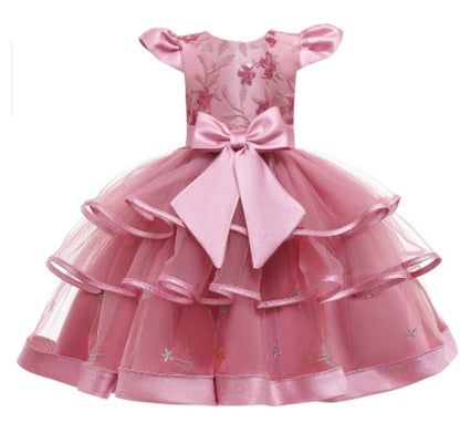 Pink floral girls' party dress with layers of tulle and bow, FashionRay trendy kids' fashion
