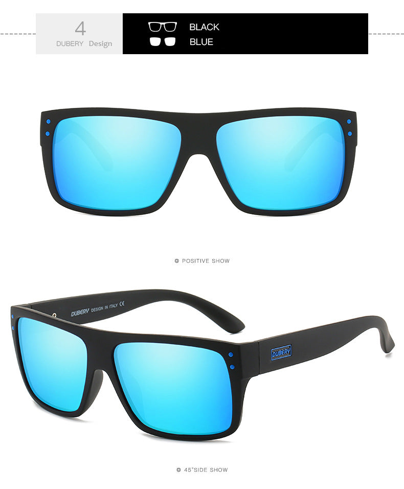 FashionRay black frame sunglasses with bold blue mirrored lenses, modern square style