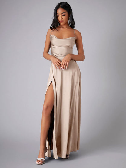 Summer Sexy Slimming Backless Strap Long Split Dress Women's Fashion High Waist Belted Gown V-neck