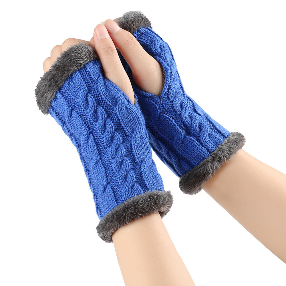Blue knit fingerless gloves with gray faux fur trim, cozy winter fashion from FashionRay