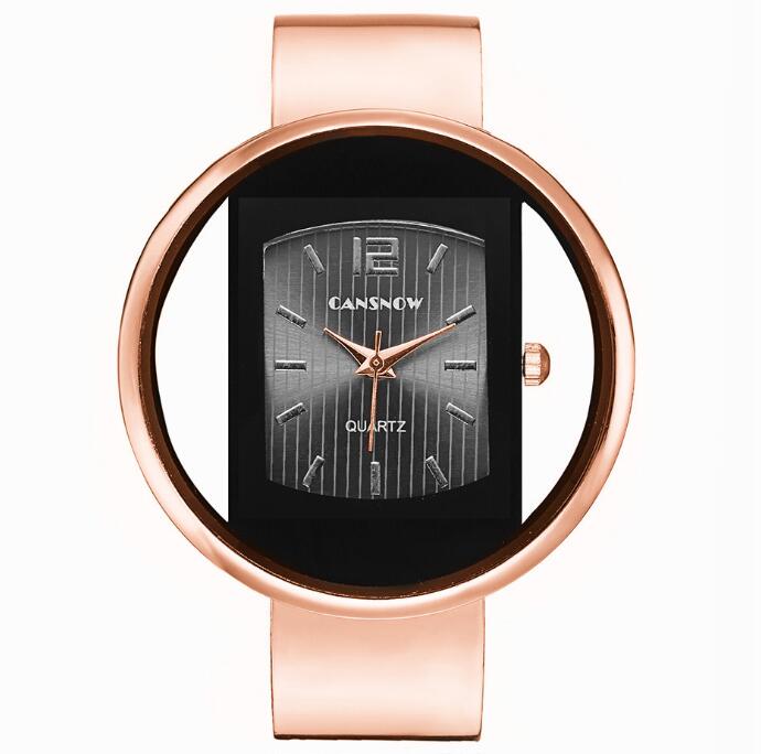 Rose gold CANSNOW quartz wristwatch with modern black rectangular face, FashionRay style