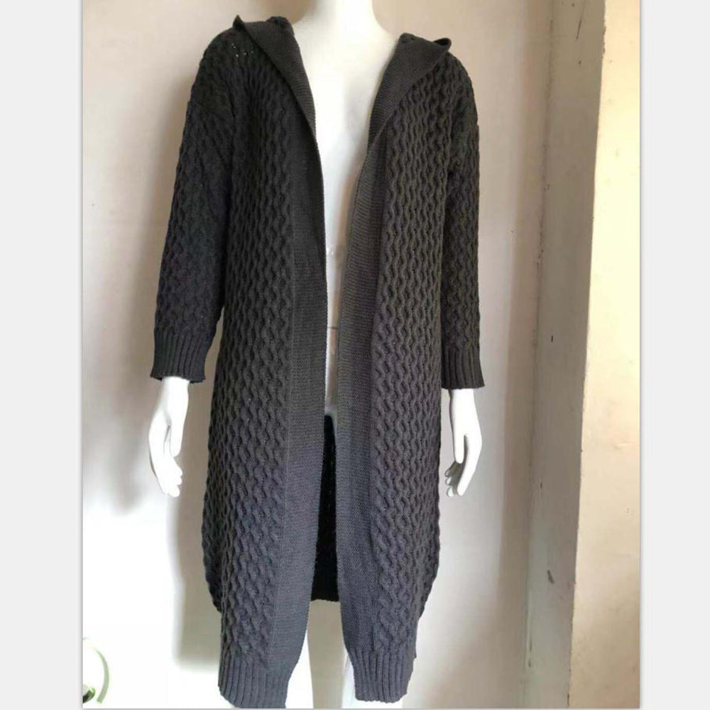 Long dark gray cable knit hooded cardigan on mannequin, FashionRay cozy outerwear style