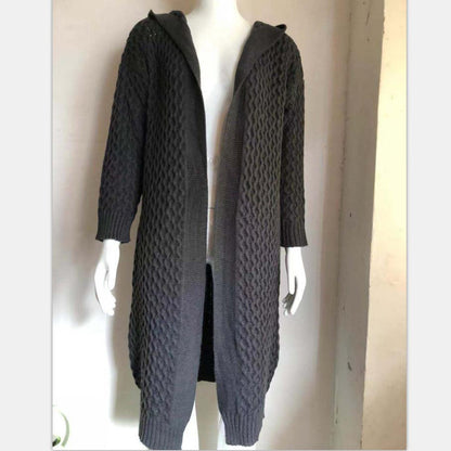 Long dark gray cable knit hooded cardigan on mannequin, FashionRay cozy outerwear style