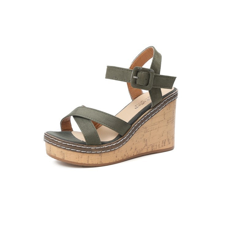Olive green wedge sandal with cork platform and buckle strap from FashionRay