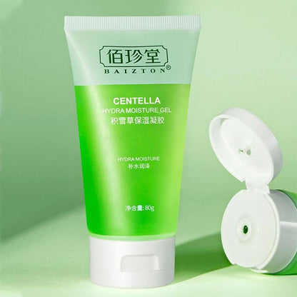 Centella hydra moisture gel tube by BAIZTON on green background, skincare product at FashionRay