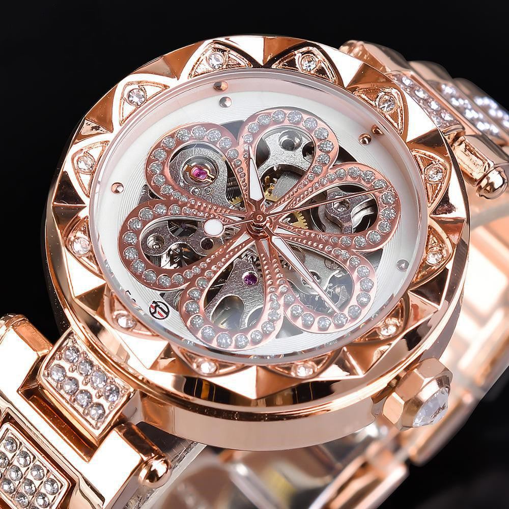 Rose gold luxury women's wristwatch with crystal floral design, FashionRay jewelry accessory