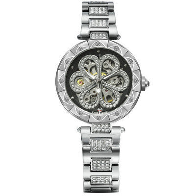 Luxury silver-tone wristwatch with crystal accents and intricate openwork dial, FashionRay