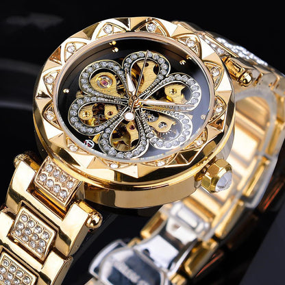 Luxury gold wristwatch with crystal floral dial and jeweled bracelet, FashionRay accessory