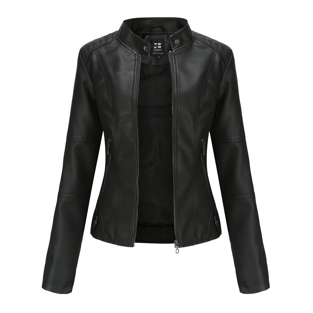 FashionRay women's black faux leather jacket with zip-up front and pockets on white background