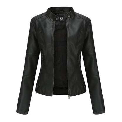 FashionRay women's black faux leather jacket with zip-up front and pockets on white background