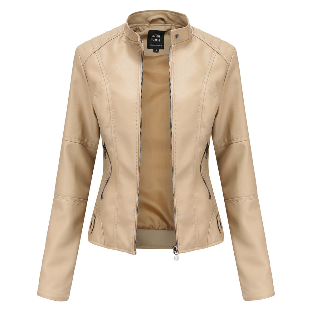 FashionRay beige faux leather women's moto jacket with zipper pockets and stand collar
