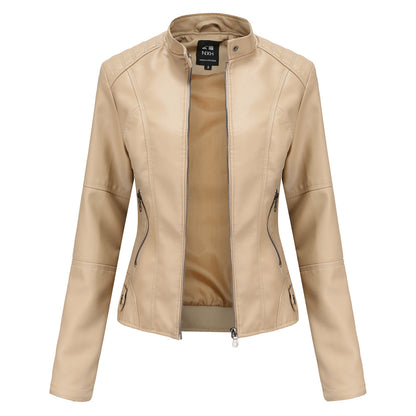 FashionRay beige faux leather women's moto jacket with zipper pockets and stand collar