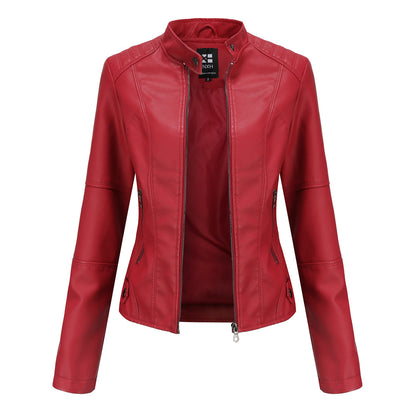 Trendy red faux leather jacket with zip pockets, stylish outerwear from FashionRay