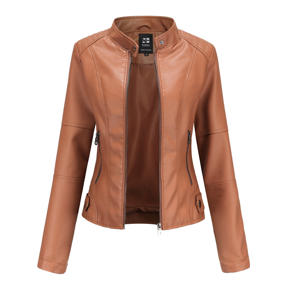 Women's brown faux leather jacket with zippers, trendy FashionRay outerwear