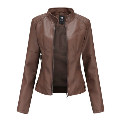 Women's brown faux leather jacket with zip closure, stylish design from FashionRay