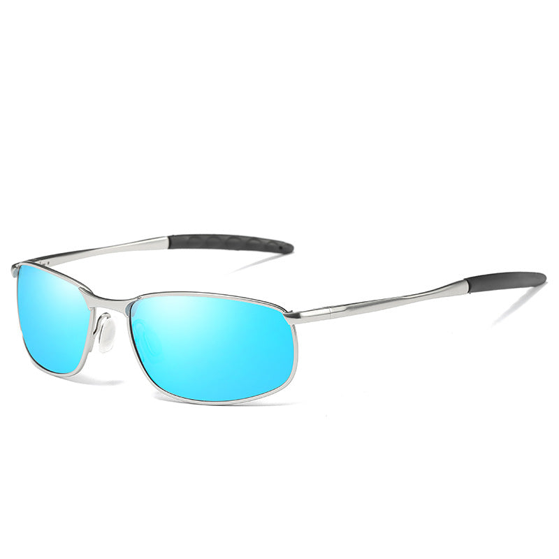 FashionRay silver frame sunglasses with blue mirrored lenses on white background