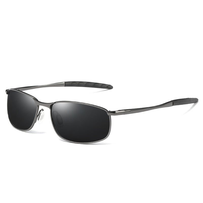 Matte black rectangular sunglasses with slim metal frame from FashionRay on white background