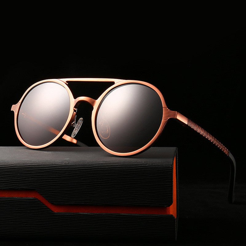 Trendy round rose gold sunglasses with mirrored lenses on black case, FashionRay style.