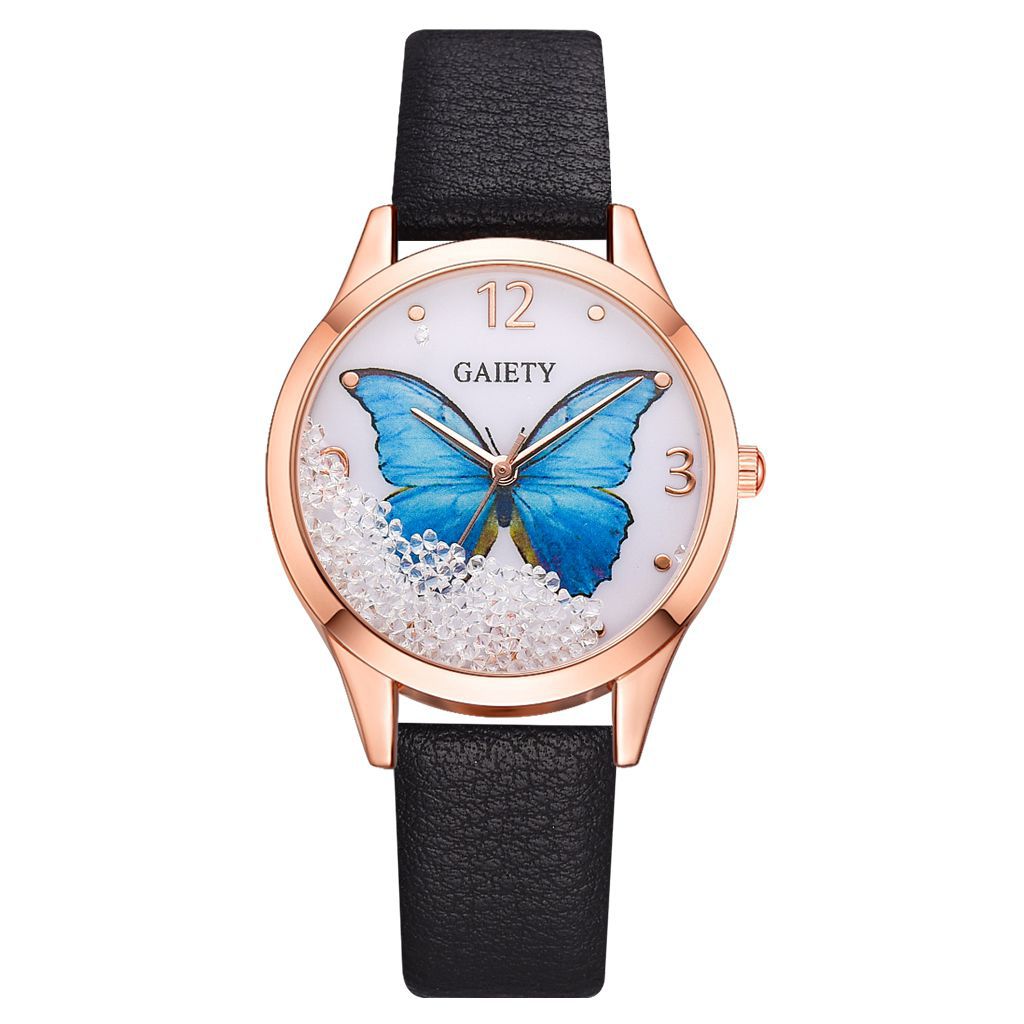 FashionRay stylish women's watch with blue butterfly dial, crystal accents, black leather strap