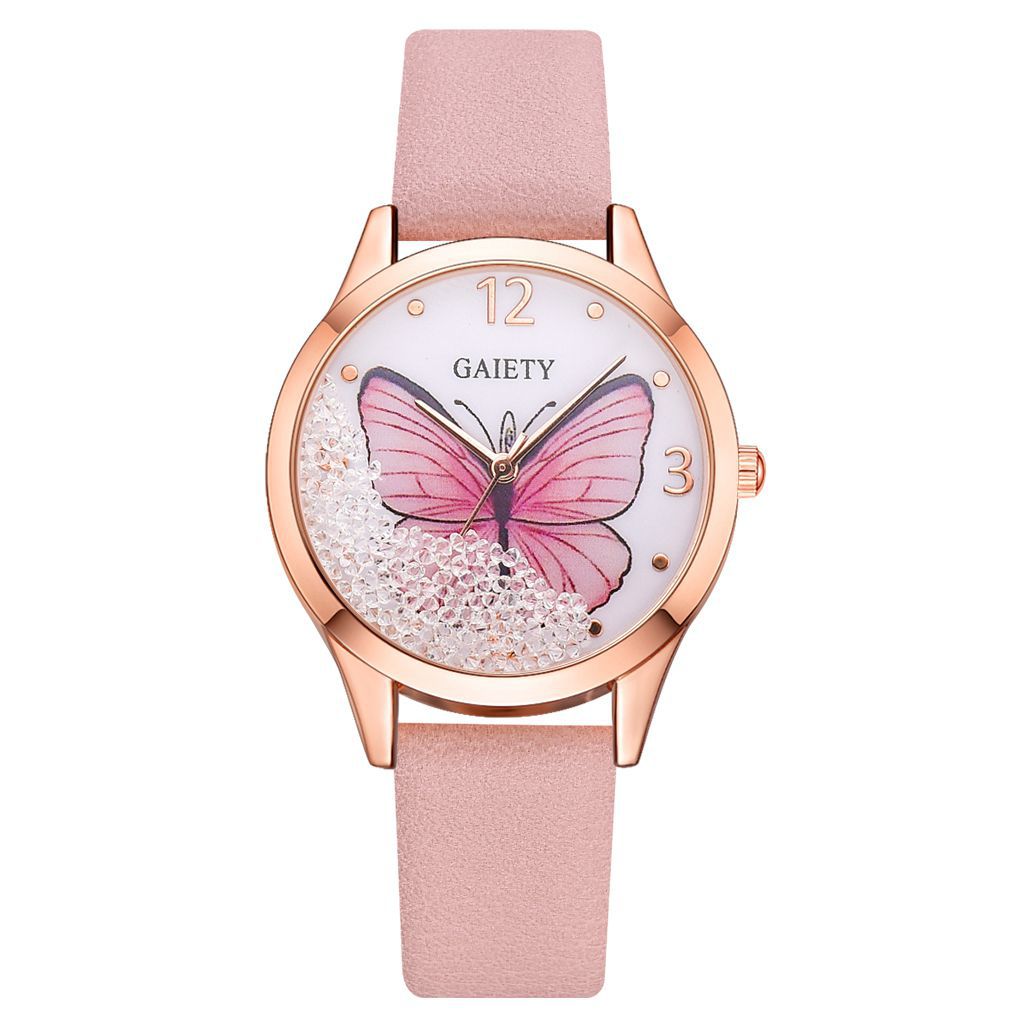 Rose gold watch with pink butterfly dial and crystals, pink strap, FashionRay accessory