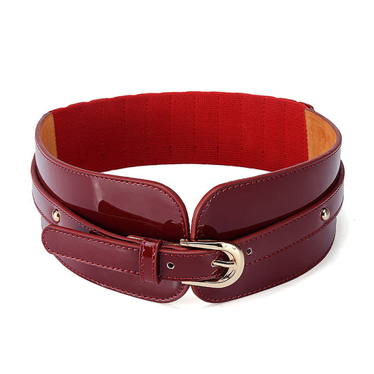 FashionRay wide red patent leather belt with gold buckle, stylish women's accessory