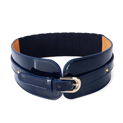Navy blue wide patent leather belt with gold buckle, trendy accessory from FashionRay