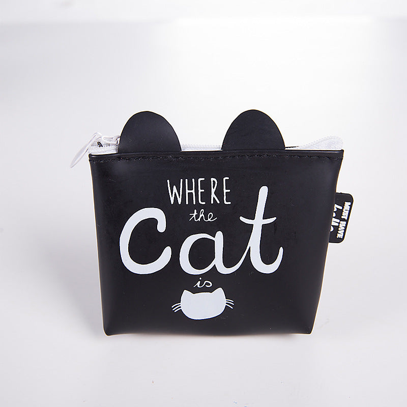 Black cat-themed coin purse with 'Where the cat is' text, FashionRay trendy accessory
