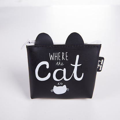 Black cat-themed coin purse with 'Where the cat is' text, FashionRay trendy accessory