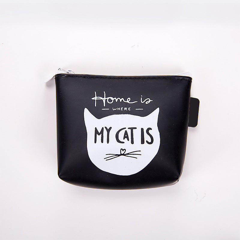 Black coin purse with cat face graphic and 'Home is where my cat is' text, FashionRay accessory
