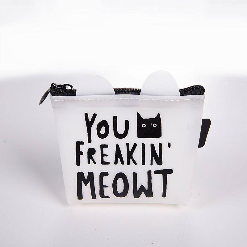 White cat coin pouch with ears, black zipper, and 'You Freakin' Meowt' text, FashionRay style
