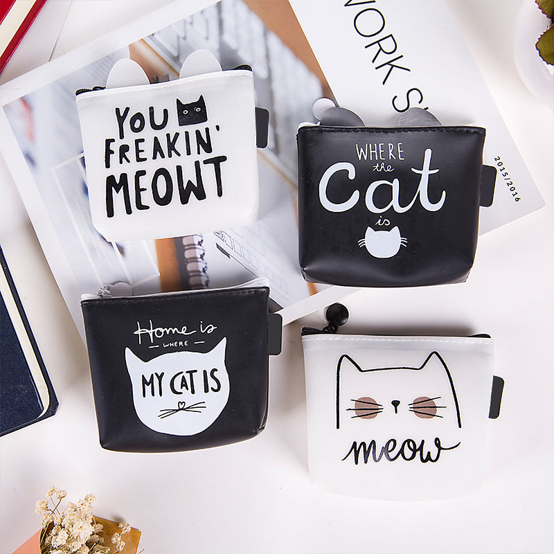 FashionRay cute cat coin purses with playful cat quotes, black and white, flat lay style