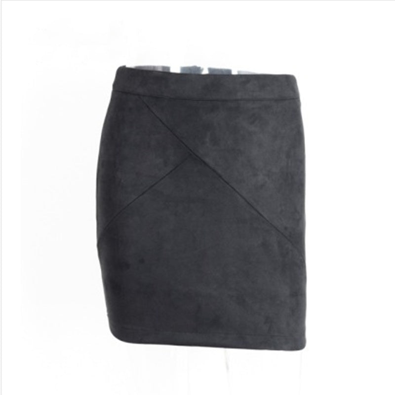 Black suede mini skirt with geometric stitching, trendy women's fashion by FashionRay