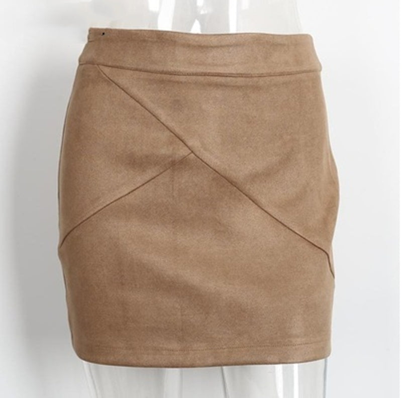 Tan faux suede mini skirt with diagonal seam detail, trendy style from FashionRay