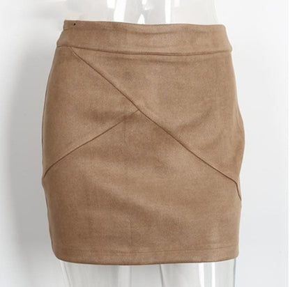 Tan faux suede mini skirt with diagonal seam detail, trendy style from FashionRay